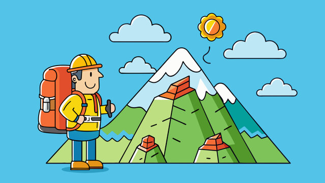 A determined hiker is gazing up at a towering mountain their backpack filled with supplies as they seek to conquer the challenging summit.. Cartoon Vector.