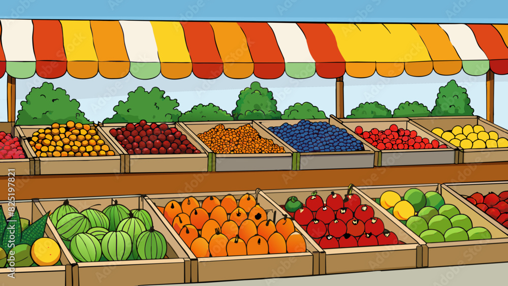 Poster a display of fruits and vegetables at a farmers market with each type of produce carefully arranged 
