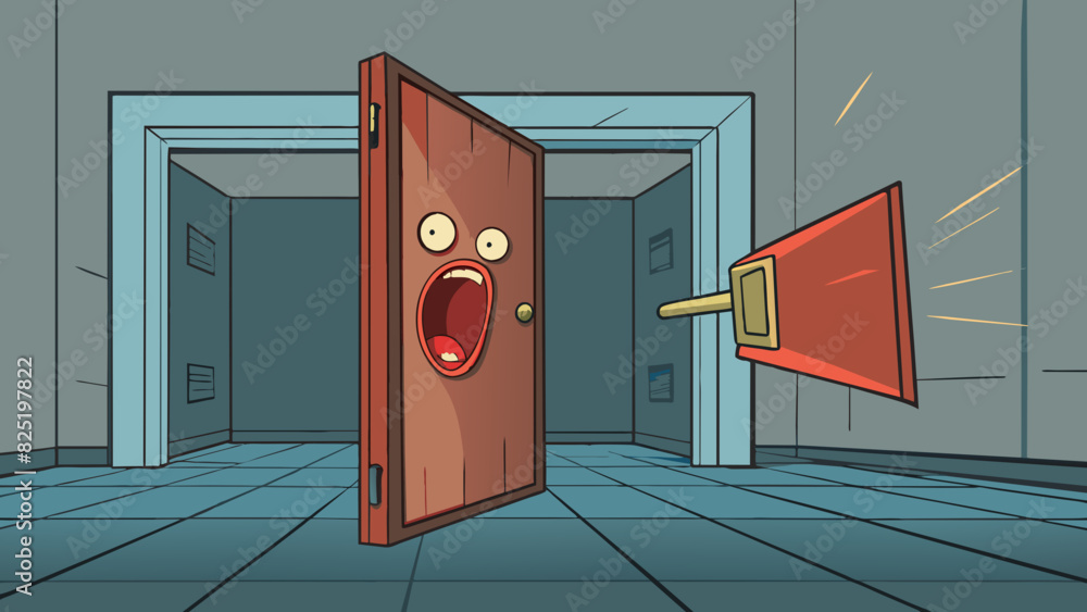 Poster A door creaks open emitting a highpitched screech that echoes through the empty hallway. The old hinges add a rusty metallic undertone to the sound.. Cartoon Vector.