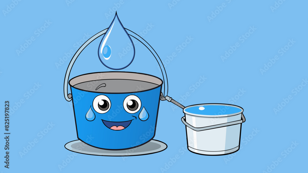 Poster A drop of blue dye added to a bucket of lukewarm water creating a uniform color throughout the liquid. The solution is transparent but has a bluish. Cartoon Vector.