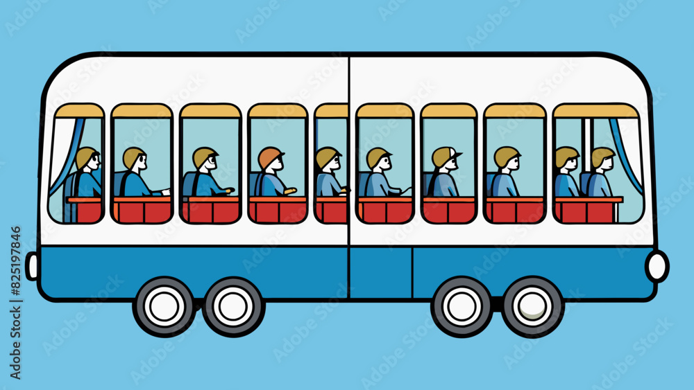 Poster A doubledecker carriage with rows of identical windows and doors filled with passengers commuting to work.. Cartoon Vector.