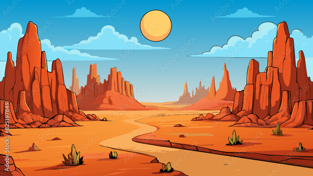 Poster a dry and arid desert landscape with rusty red sands stretching as far as the eye can see. towering 