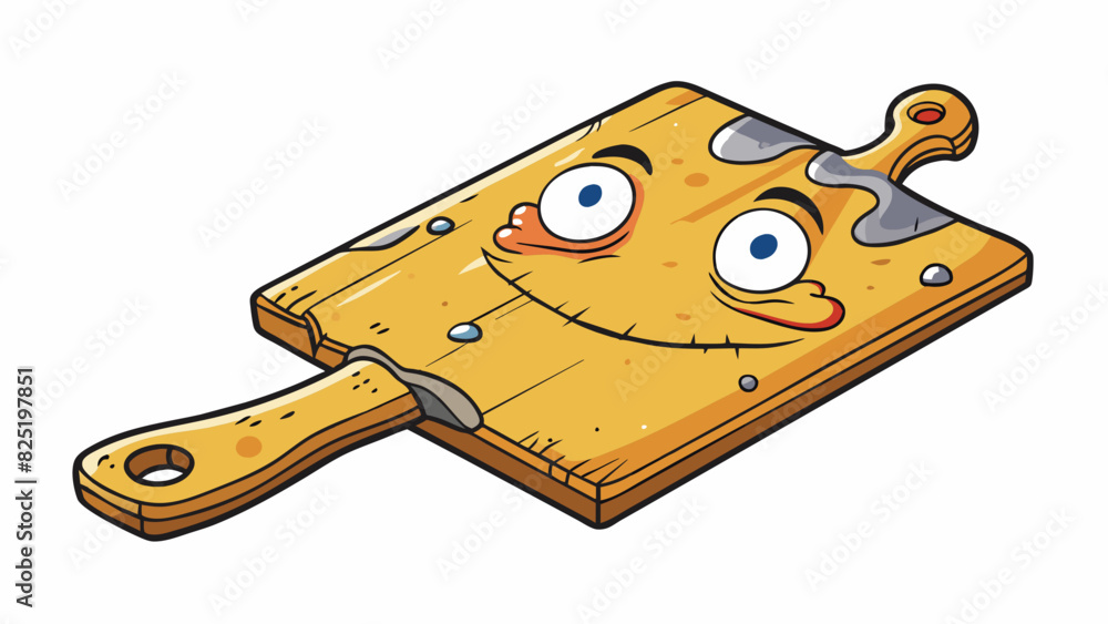 Poster a dull and stained ting board with deep grooves from years of knife s and a lingering odor of old fo
