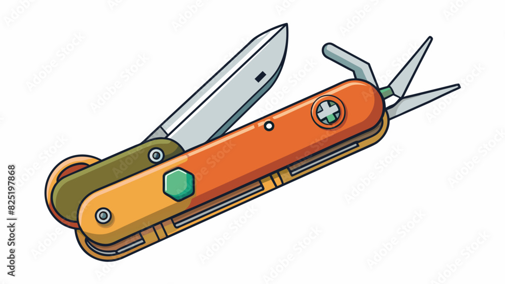 Poster A durable multipurpose pocket knife with a razorsharp blade and various tools including a screwdriver and bottle or.. Cartoon Vector.