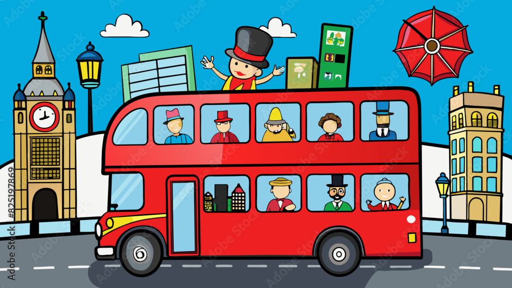 Poster a doubledecker red bus making its way down a busy road. the bus is adorned with posters of iconic lo