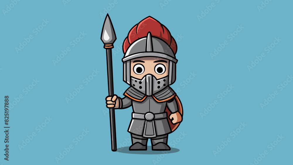 Poster a dull dark grey statue of a soldier holding a spear and wearing a large helmet. the statue is made 