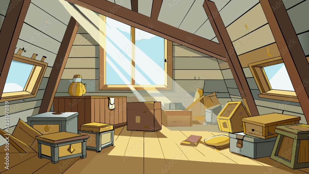 Poster A dusty attic filled with forgotten treasures and memories. The wooden beams and floorboards creak with each step adding to the nostalgic atmosphere.. Cartoon Vector.