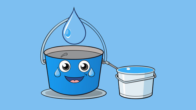 A drop of blue dye added to a bucket of lukewarm water creating a uniform color throughout the liquid. The solution is transparent but has a bluish. Cartoon Vector.
