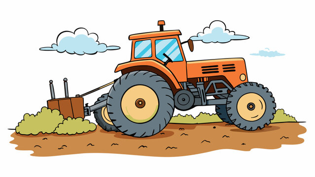 A dusty old tractor chugging through a plowed field its huge tires kicking up clouds of earth and its powerful motor working tirelessly to pull heavy. Cartoon Vector.