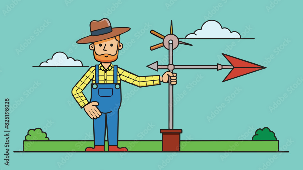 Poster A farmer uses a weather vane to determine the direction of the wind. The weather vane is a metal arrow attached to a pole that rotates based on the. Cartoon Vector.
