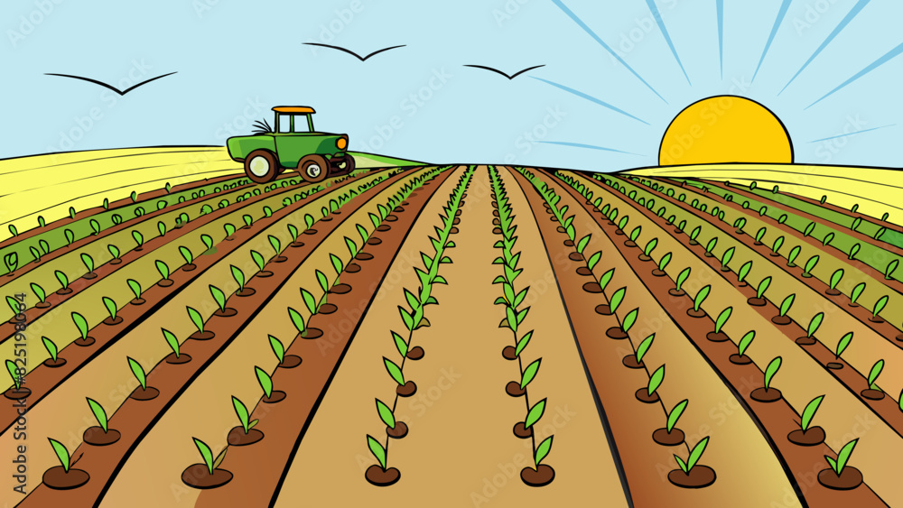 Aufkleber a field of freshly planted crops neat rows of small sprouts reaching towards the sun. the soil is ri