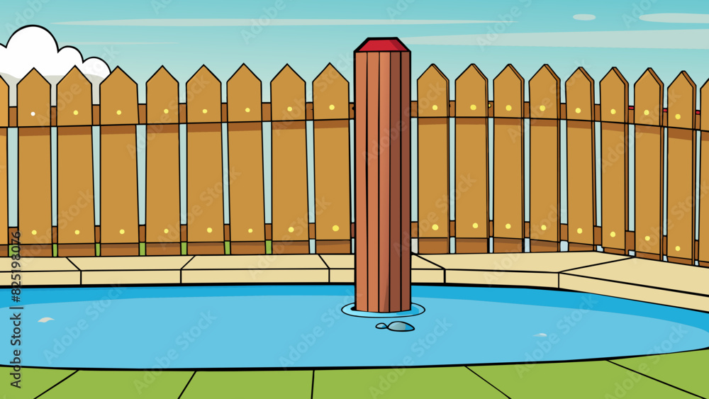 Poster A fence surrounding a pool preventing accidents with its tall height and sy wooden posts.. Cartoon Vector.