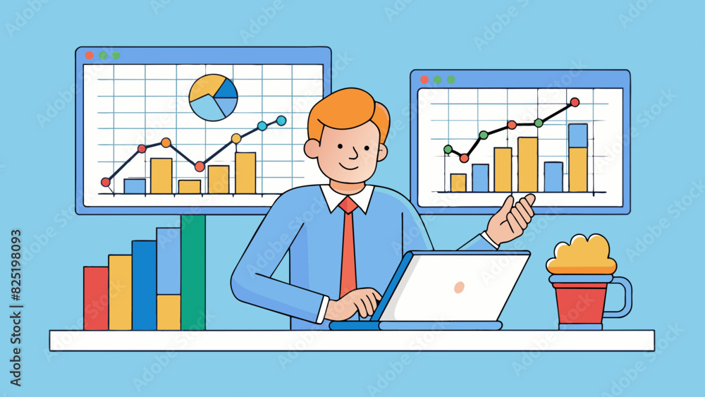 Poster A financial analyst analyzing stock market data looking at trends and fluctuations in numbers to determine the overall health of a particular stock.. Cartoon Vector.