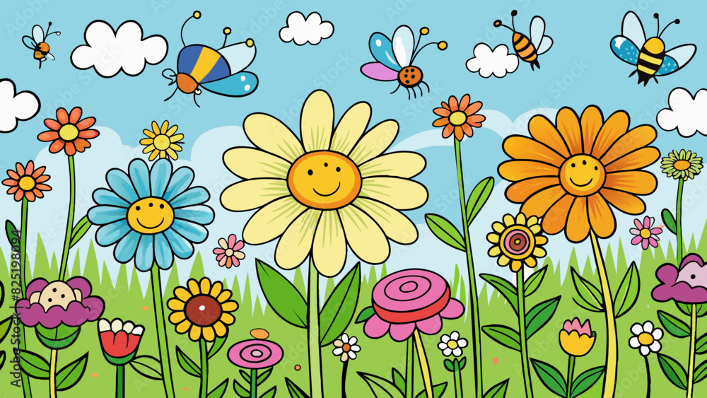Poster a field of wildflowers bursting with color and life. butterflies dance between the vibrant petals wh