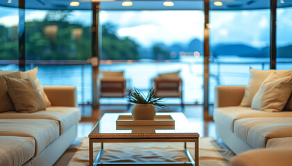 A living room with a large window overlooking a body of water by AI generated image