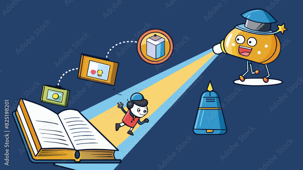 Poster A flashlight in the dark teaching illuminates the path to learning. With each turn of the switch new information is revealed and the darkness of. Cartoon Vector.