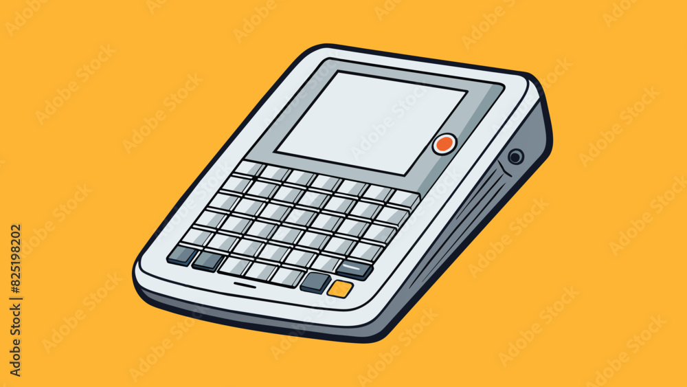Poster A flat rectangular object with a black and white screen on one side. It has buttons and a small keyboard on the bottom and can be used to send and. Cartoon Vector.