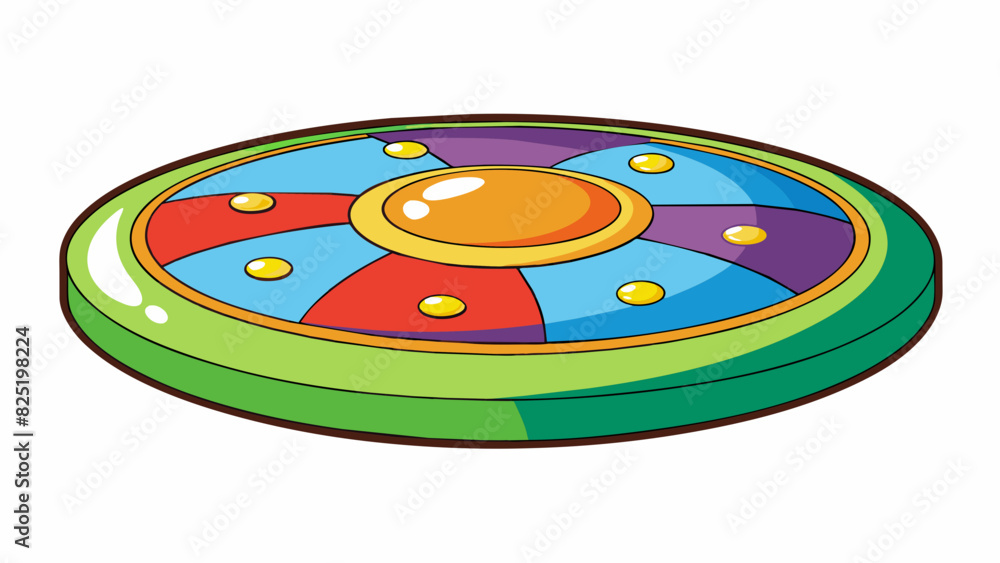 Poster A flat round disc with a colorful design etched on its surface. It has a slight weight to it and can be thrown or used to play music.. Cartoon Vector.