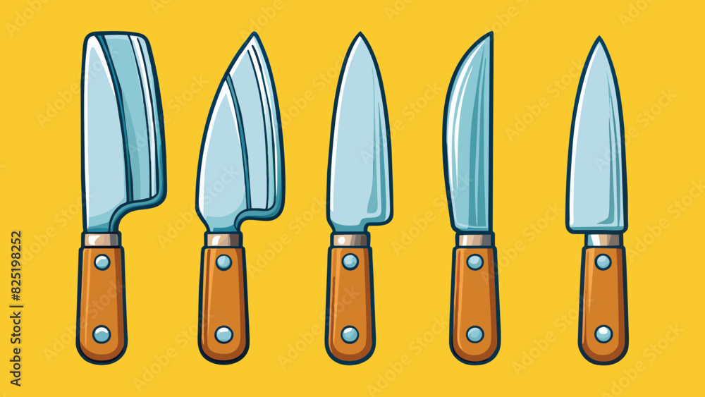 Poster A fivepiece set of kitchen knives with varying sizes and blade styles is a fundamental basis for ting slicing and dicing food in meal preparation.. Cartoon Vector.