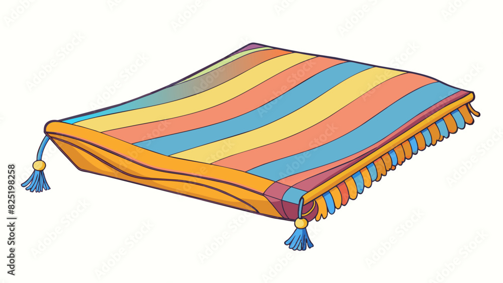 Poster A flat rectangular sheet made of soft fabric material. It is large in size with a pattern of colorful stripes and geometric shapes. The fabric is. Cartoon Vector.