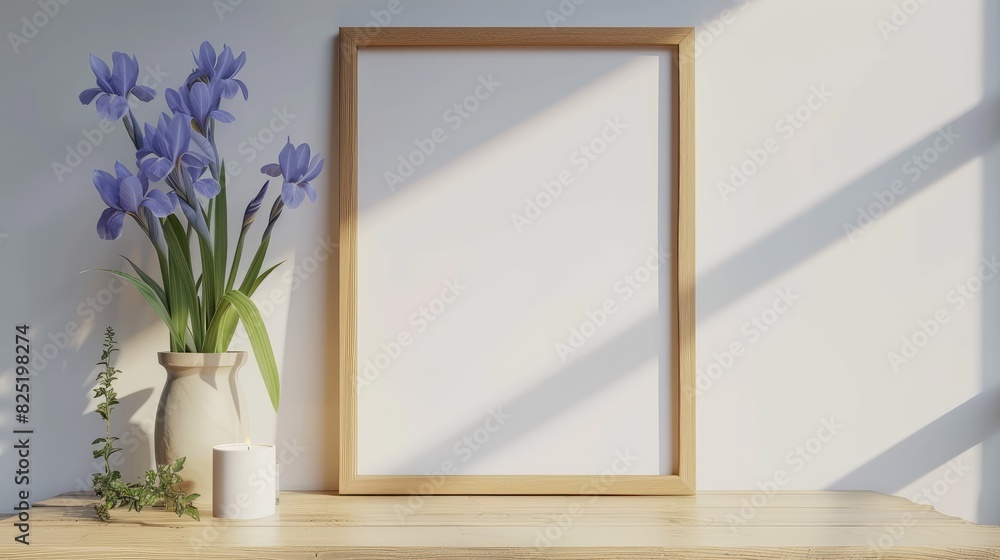 Canvas Prints Minimalist home decor with a wooden picture frame on a table near blue iris flowers on vases on a white concrete wall