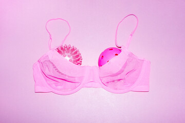 Transparent mesh bra with sport balls as boobs with hard direct flash