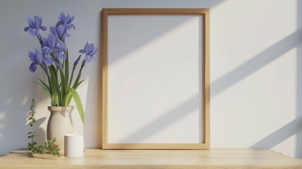 Minimalist home decor with a wooden picture frame on a table near blue iris flowers on vases on a white concrete wall
