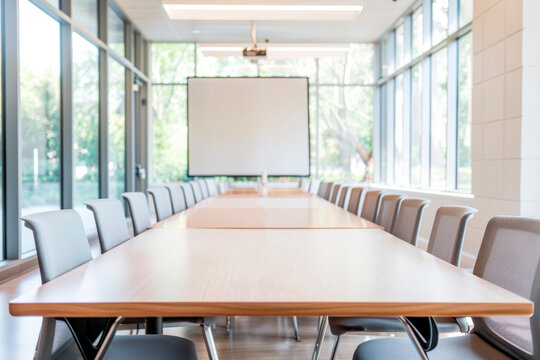Empty modern meeting room with a long conference table and chairs, surrounded by large windows with natural light.