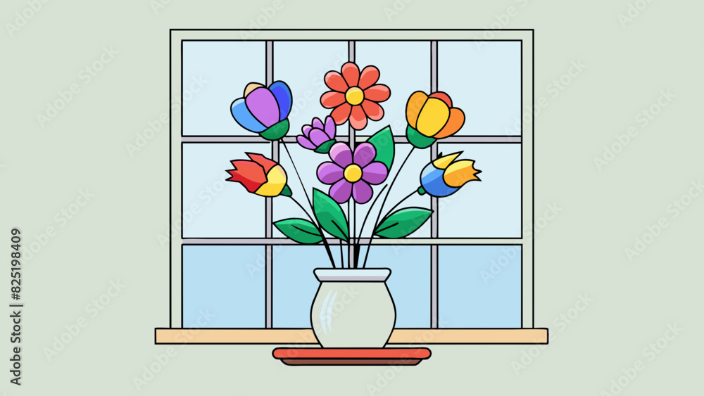 Poster A fragrant bouquet of colorful petals rests in a porcelain vase on a windowsill. Each flower has its own unique shape and color but together they. Cartoon Vector.