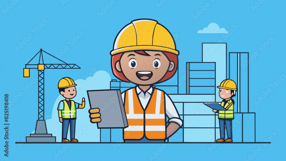 Poster a fourth illustration shows a person in a construction site wearing a hard hat and safety vest. they