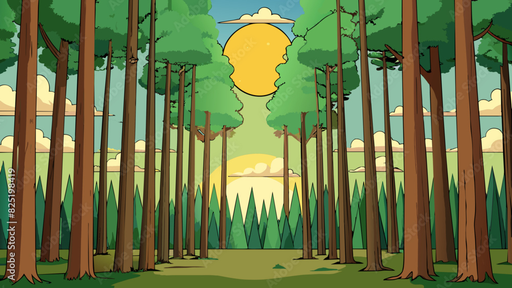Poster A forest with a million trees each one towering tall and stretching towards the sun.. Cartoon Vector.