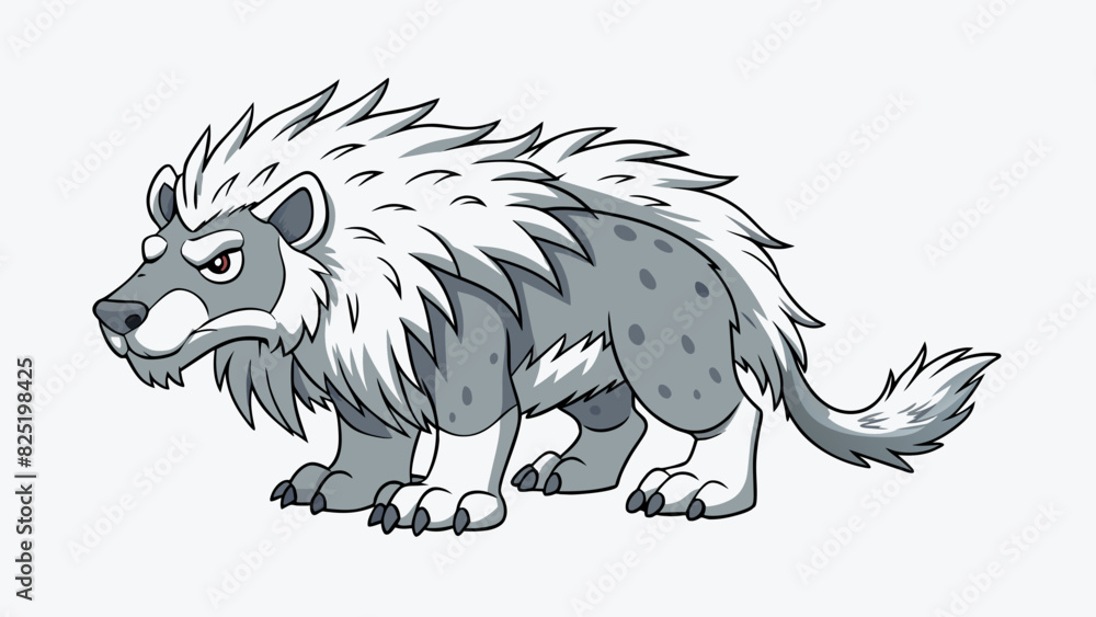 Poster A formidable predator with a thick mane muscular body and a long snout. Its fur is a mottled mix of grey and silver and it roams the snowy tundra. Cartoon Vector.