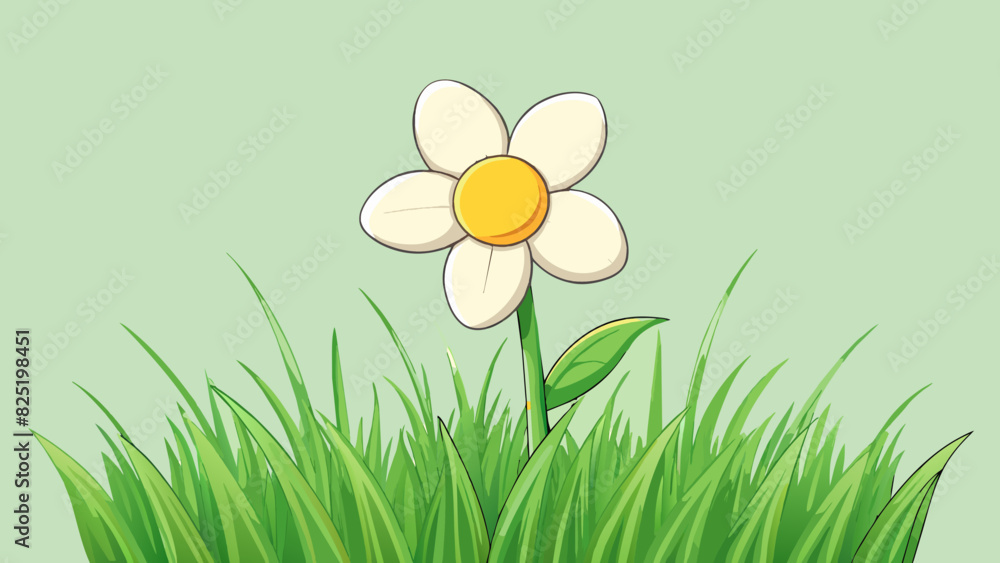 Poster A fragrant flower with delicate petals and a bright yellow center. It grows in a patch of lush green grass and sways gently in the breeze.. Cartoon Vector.