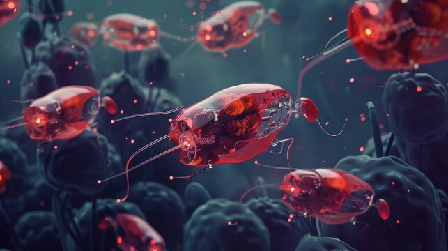 Advanced nanotechnology robots swimming inside a patients bloodstream, delivering targeted treatment to specific cells