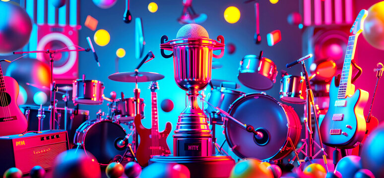 Bright images of various musical instruments surrounding the MTV VMA trophy, highlighting the diversity of music culture