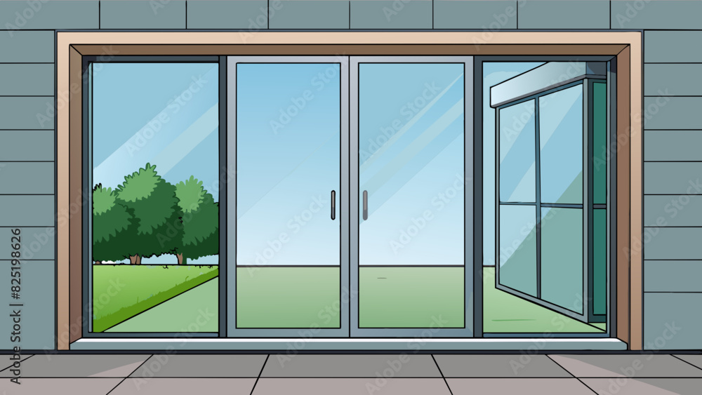 Poster a glass sliding door that leads to a patio providing a clear view of the garden outside. the glass i