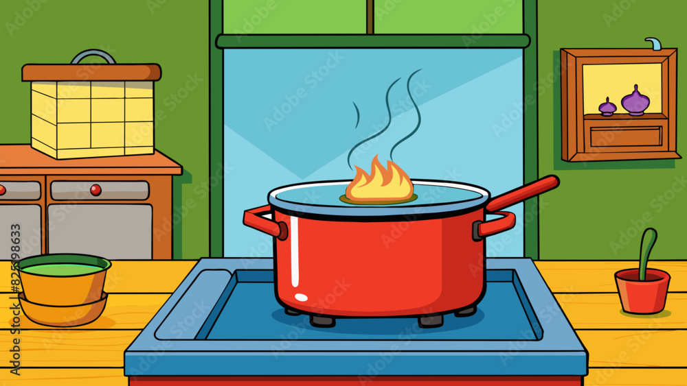 Poster a glowing red stove burner heating up a pot of soup on top while simultaneously warming the surround