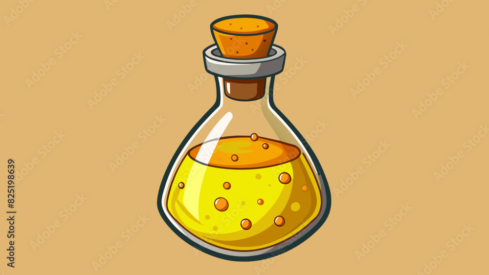 Poster A glass bottle filled with a golden liquid sealed with a cork. The object is heavy and emits a pleasing aroma of ripe fruits.. Cartoon Vector.