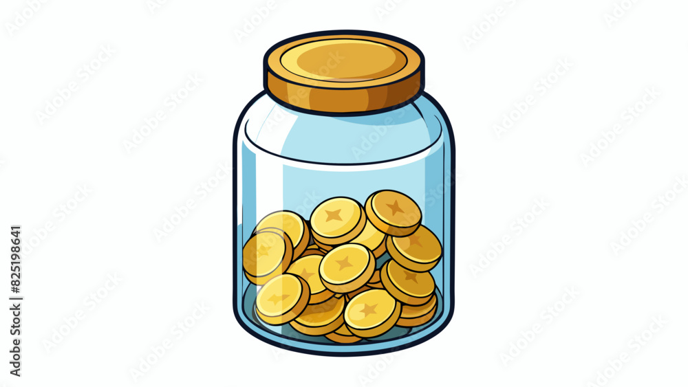 Poster A glass jar filled with coins This instance is a transparent container with a cylindrical shape. It is filled with metal discs of various sizes and. Cartoon Vector.