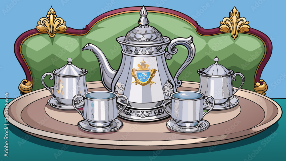 Poster a gleaming silver tea set adorned with intricate engravings and delicate tea cups bearing the royal 