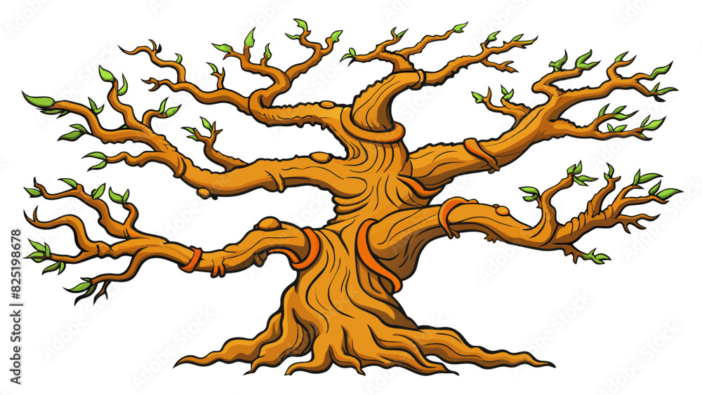 Poster A gnarled ancient tree with a twisted trunk and spindly branches that seem to stretch in all directions. Its bark is rough and weathered with deep. Cartoon Vector.
