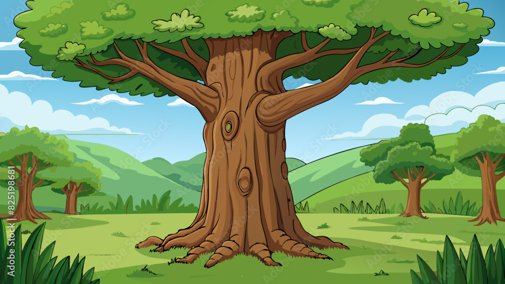 Poster A gnarled tree standing tall and proud in a lush forest. Its leaves rustle softly in the wind and its bark is weathered with age but its branches. Cartoon Vector.