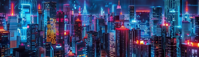 Obraz premium Neonlit tech city, buildings as circuit boards, vibrant depiction of a digital metropolis