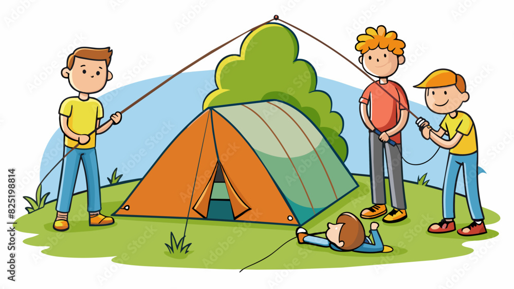 Poster A group of friends set up a tent while camping but keep getting the poles tangled and have to start over a few times before successfully getting the. Cartoon Vector.