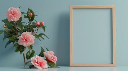 3D mockup of a blank wooden picture frame with pink camellia flowers on a blue pastel background