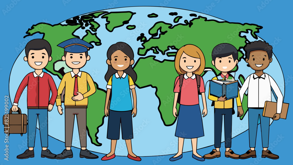 Aufkleber A group of students stands in front of a world map. The map filled with countries and continents is expansive and shows the scale of the entire world.. Cartoon Vector.