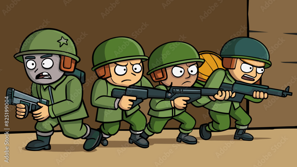 Aufkleber A group of soldiers creep through the shadows armed with fast and precise weapons ready to strike with coordinated attack strategies.. Cartoon Vector.
