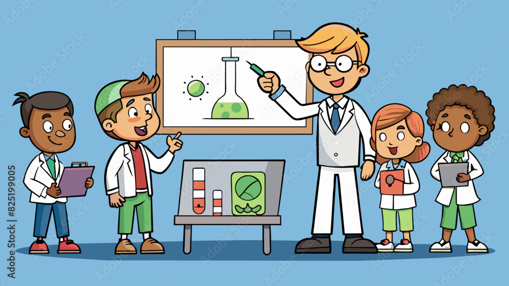 Poster A group of students in a science fair each showcasing their own project to a panel of judges. Each project is carefully designed and exeed with the. Cartoon Vector.