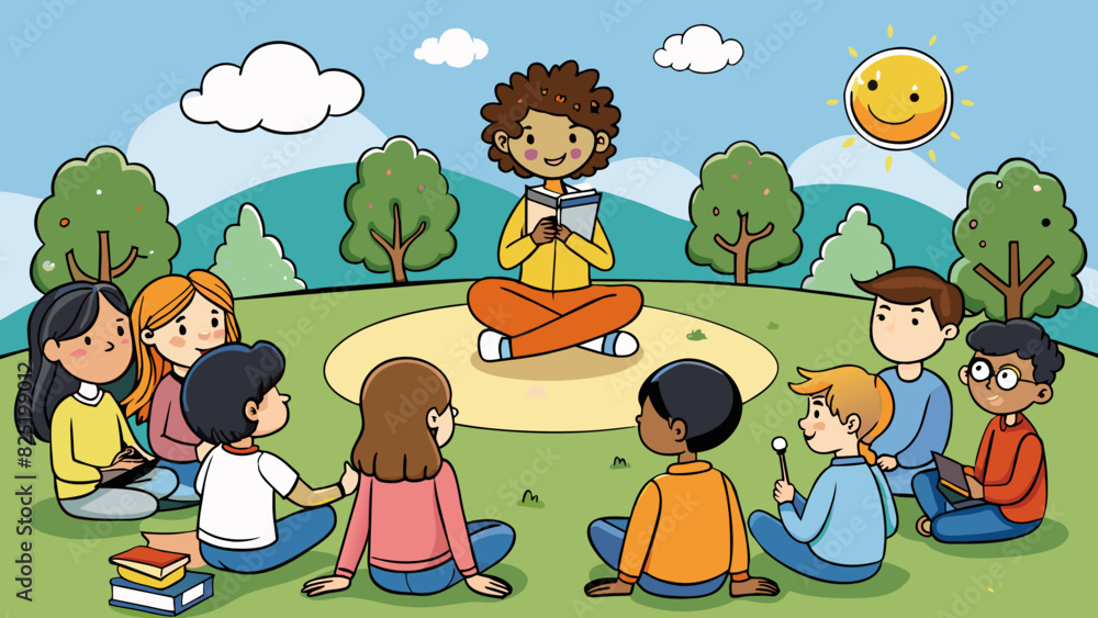 Poster A group of students sitting in a circle outside with a teacher facilitating a discussion and encouraging critical thinking and problemsolving skills.. Cartoon Vector.