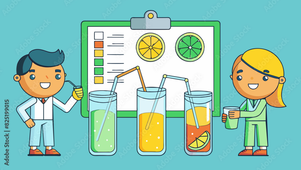 Poster A group of volunteers were asked to taste three different variations of lemonade and record their preferences. The objects characteristic of taste was. Cartoon Vector.
